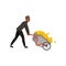 Young African-American businessman pushing wheelbarrow full of golden coins. Bitcoin and virtual money theme. Wealthy