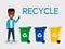 Young African American finger pointing at a RECYCLE message.