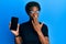 Young african american girl holding 5g technology smartphone covering mouth with hand, shocked and afraid for mistake