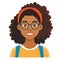 Young African American girl smiling, wearing glasses orange headband. Cheerful student portrait