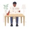 Young African American guy sitting at a table and reading a newspaper, black man reading press or magazine flat vector
