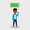 Young African American man standing below the full battery symbol. Full of energy concept.