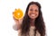 Young African American teenage girl holding a sliced orange