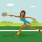 Young african american tennis girl on the tennis court. Dynamic movement