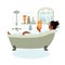 Young african american woman relaxes in bath and reads book. Daily life and everyday routine. Girl is in cozy bathroom. Cartoon