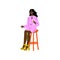 Young African American Woman Sitting on Bar Chair with Glass of Alcohol Drink Vector Illustration