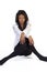Young African American Woman Stockings Shirt Floor