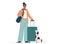 Young african american woman with suitcase, dog next to her. Concept of traveling with pets