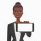 Young African businesswoman showing the empty smartphone screen vector illustration. Phone alpha background.