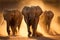 Young African elephants racing toward the water, stirring up dust in the late afternoon sun, AI generated