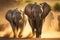 Young African elephants racing toward the water, stirring up dust in the late afternoon sun, AI generated