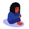 Young african girl sitting. Scared, depressed, sad girl looks lonely. Vector illustration of a helpless, frightened