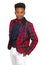 Young african man around twenty wearing red plaid suit jacket and bow tie white pants in studio white background