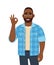 Young African man showing okay, cool gesture sign with fingers. Trendy happy looking black person making OK, good symbol.