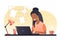 A young african woman with dark hair works on a laptop. Work from home. Freelance. Stay at home. Vector flat illustration.