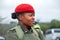 Young african woman officer in red beret and green uniform of Umbutfo Swaziland Defence Force USDF