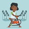 Young african woman riding stationary bicycle.