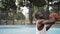 Young Afro American Athlete has Basketball Training. Caucasian Guy Dribbling a Ball, Throwing and Scoring on the Urban