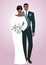Young afro couple of newlyweds wearing wedding clothes. Elegant groom with suit and tie and beautiful bride with veil holding a bo