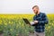 Young agronomist holds laptop in rape field. Agribusiness concept. agricultural engineer standing in a rape field with a laptop in