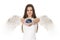 Young angel woman holding Earth in hands in white back