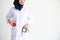 Young Arab Muslim intern doctor women smile on isolate white background concept for Islam people working in medical hospital healt