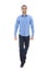 Young arabic bearded business man in blue shirt walking isolated