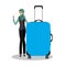 Young arabic female holding blue modern suitcase
