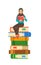 Young arabic girl student sits on stack of books