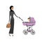 Young arabic woman in hijab with a pram and baby