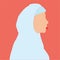 Young Arabic woman with white hijab. Face features of a Muslim adult girl in middle east region banner. Women empowerment concept