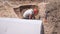 Young archeologist works on an archaeological site at morning sun rays at summer heat