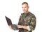 Young army soldier with a laptop