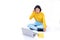 Young asia girl sitdown with notebook and laptop with white background