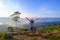 young asia woman feeling happy wearing hat resting on tropical mountain at Doi Ta Pang (khao thalu) travel in thailand