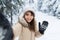 Young Asian Beautiful Woman Smile Camera Taking Selfie Photo In Winter Snow Forest Girl Outdoors