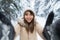 Young Asian Beautiful Woman Smile Camera Taking Selfie Photo In Winter Snow Forest Girl Outdoors