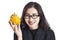 Young asian business woman holding an ugli fruit