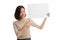 Young Asian business woman show thumbs up with white blank sign