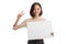 Young Asian business woman show victory sign with blank sign