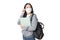 Young Asian college student wears face mask and Hoodie Sweatshirt with laptop and backpack