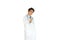 Young Asian doctor has a stethoscope making a Mini Hart, expressing concern and love on a white background