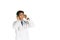 Young Asian doctor with a stethoscope Putting green music headphones to relax on the white background