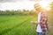 Young Asian farmer checking his green rice field and make a report on notebook