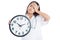 Young Asian female doctor headache with a clock