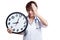 Young Asian female doctor headache with a clock.