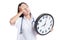 Young Asian female doctor headache with a clock.