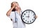 Young Asian female doctor headache with a clock.