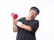 Young Asian funny fat sport man exercise with dumbbell isolated on white background.