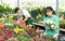 Young Asian girl choosing blooming potted petunias in greenhouse